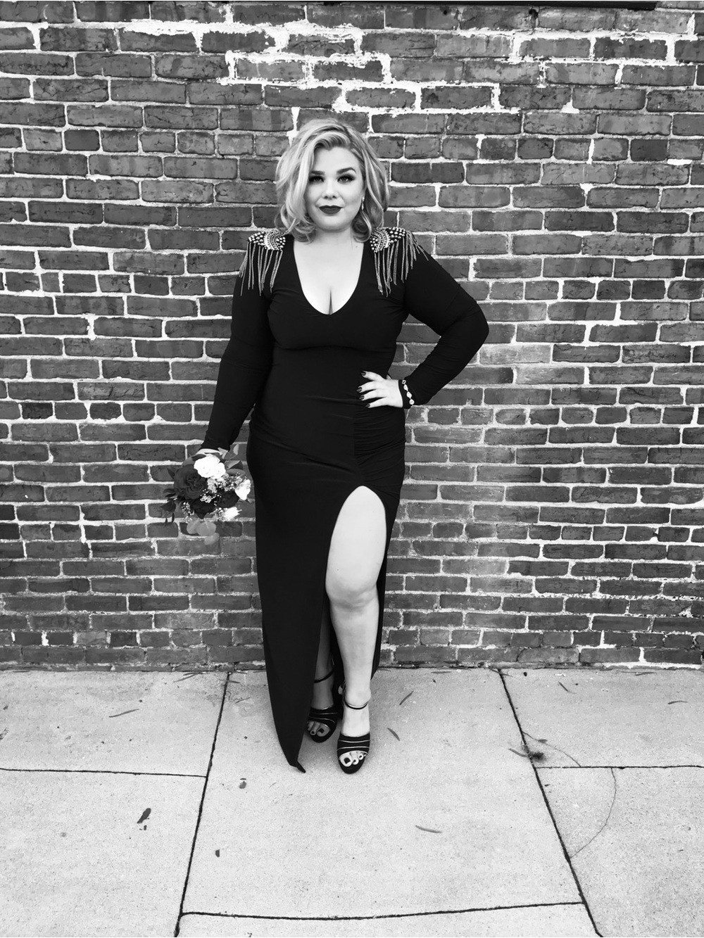Fashion Nova Black Long Sleeve Gown with Beaded Fringe Shoulders